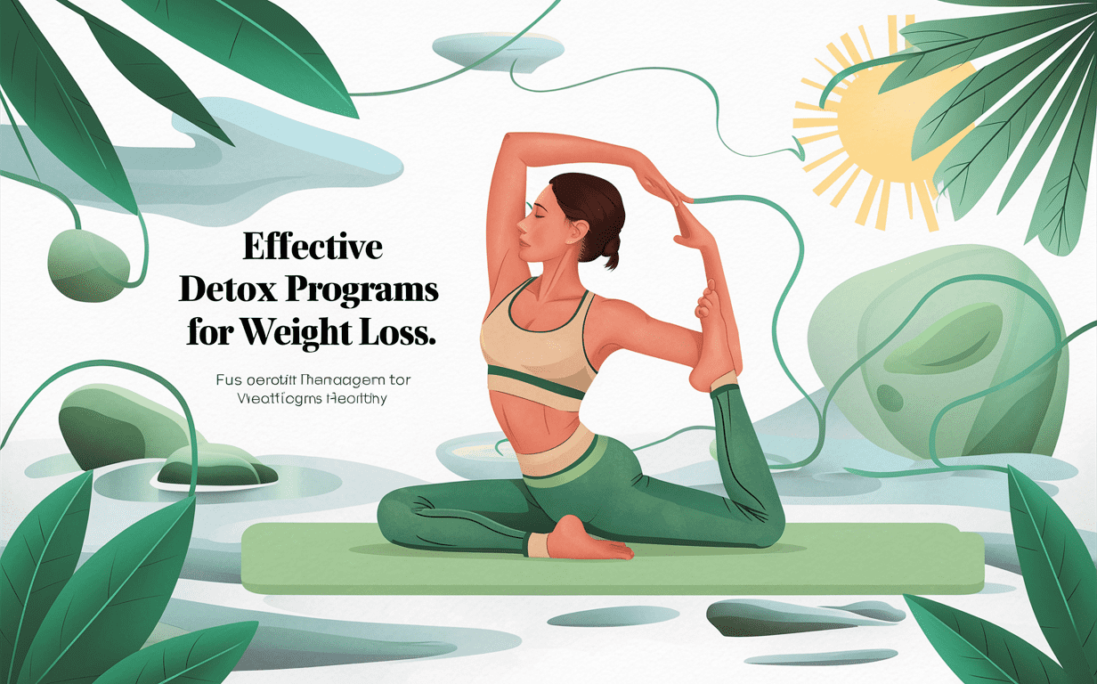 An illustration of a woman in sportswear stretching in a yoga pose surrounded by stylized green leaves and a sun, promoting effective detox programs for weight loss and healthy living. Detox programs for weight loss