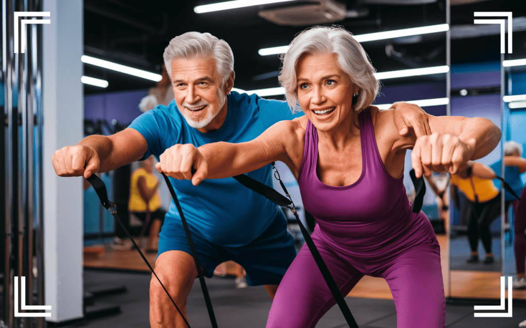 A smiling senior man and woman working out together with resistance bands in a modern gym setting, promoting fitness programs for seniors. Fitness programs for seniors
