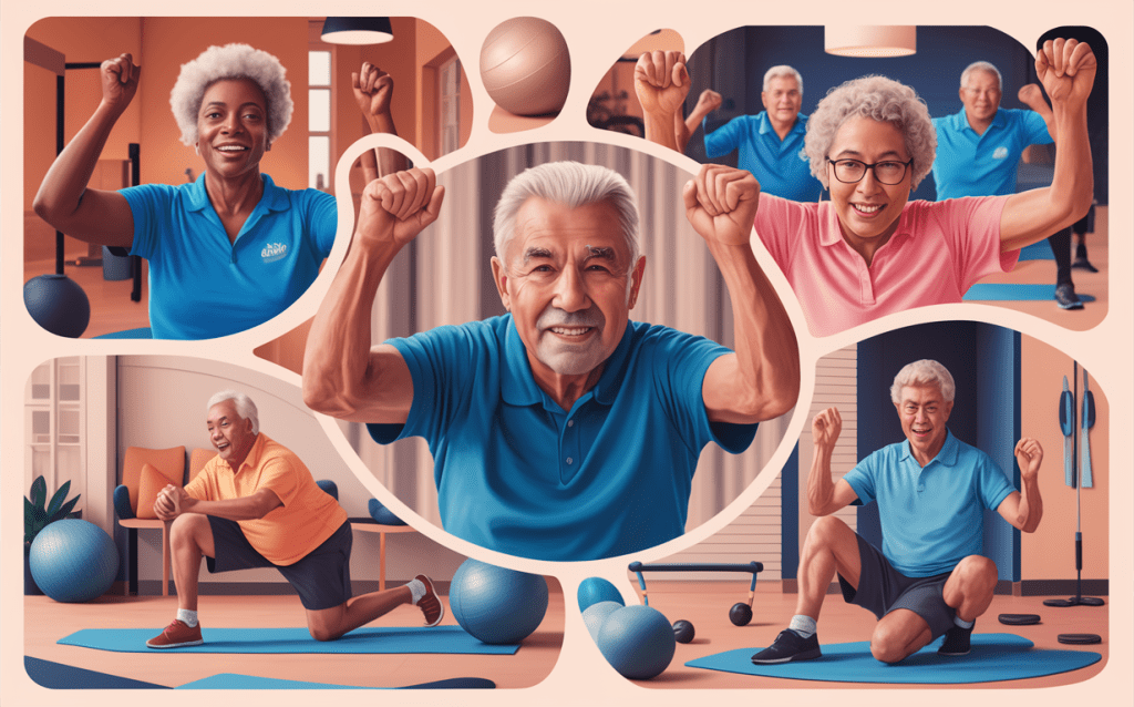 Illustration of seniors happily participating in various exercise activities like weightlifting, yoga, and using exercise balls and resistance bands, promoting effective fitness programs for the elderly