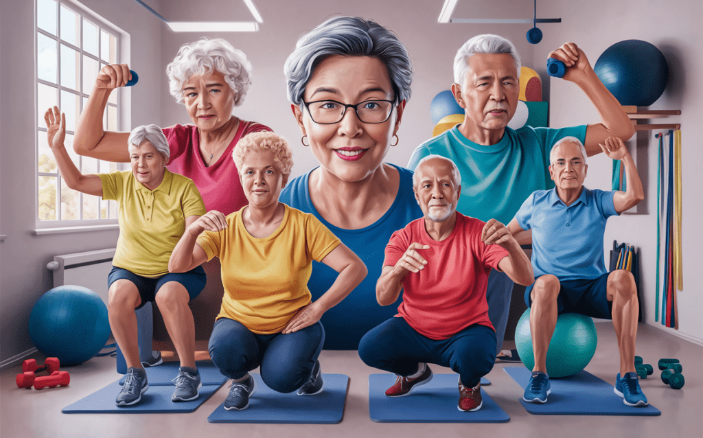 An illustration depicting a diverse group of senior citizens participating in an energetic fitness class, led by an enthusiastic instructor. They are exercising with weights, exercise balls, and resistance bands in a bright, airy studio setting.