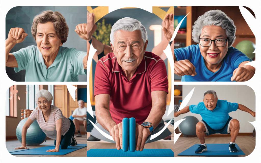 A collage of senior citizens actively participating in various fitness exercises, showcasing their commitment to maintaining a healthy and active lifestyle in their golden years.