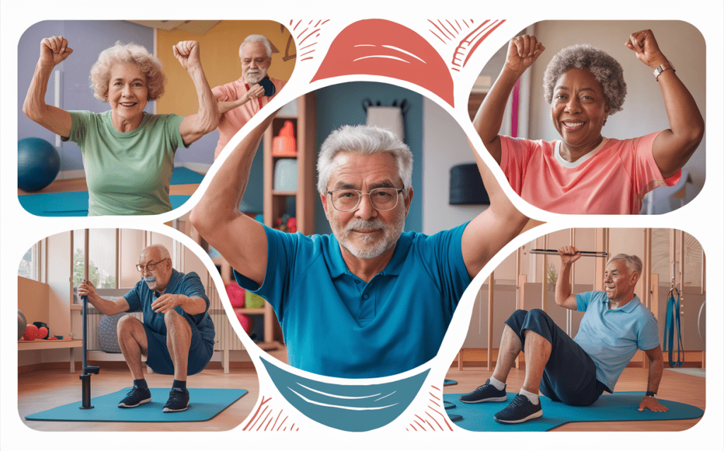 A collage of images showing senior citizens actively participating in various fitness exercises and activities, promoting healthy aging through physical activity.
