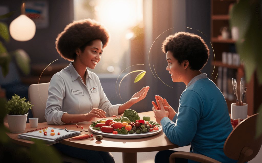 A nutritionist counseling a client on a balanced diet with fresh fruits and vegetables for weight management