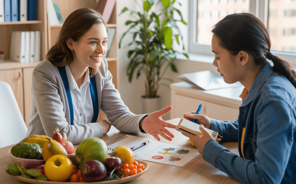 Nutritionist Providing Counseling on Healthy Eating Habits A nutritionist consulting with clients, discussing a plate of nutritious foods like fruits and vegetables for effective weight management