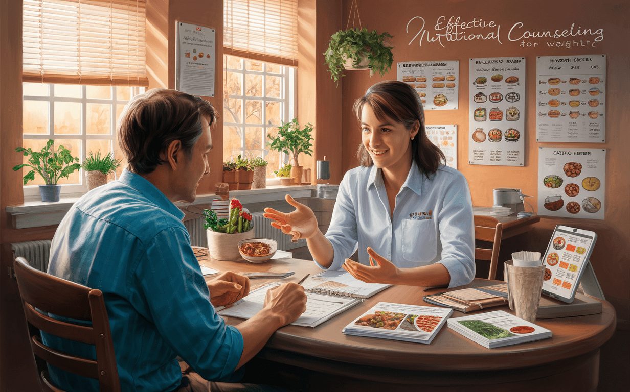 Nutritionist Providing Personalized Dietary Guidance A nutritionist counseling a client on a balanced diet plan using visual aids and a digital nutrition app for effective weight management