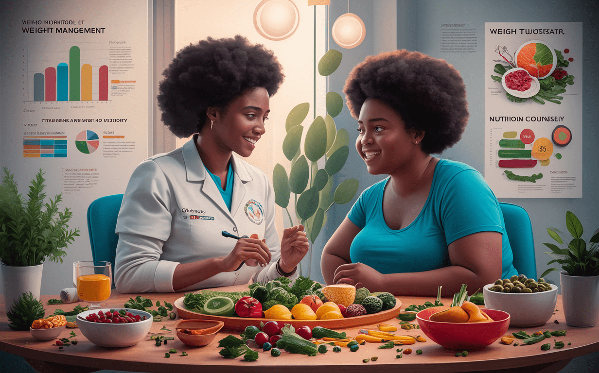 Nutritional Counseling Session for Weight Management A nutritionist providing counseling to a client about healthy eating habits and weight management, with a bowl of fresh fruits and vegetables on the table.