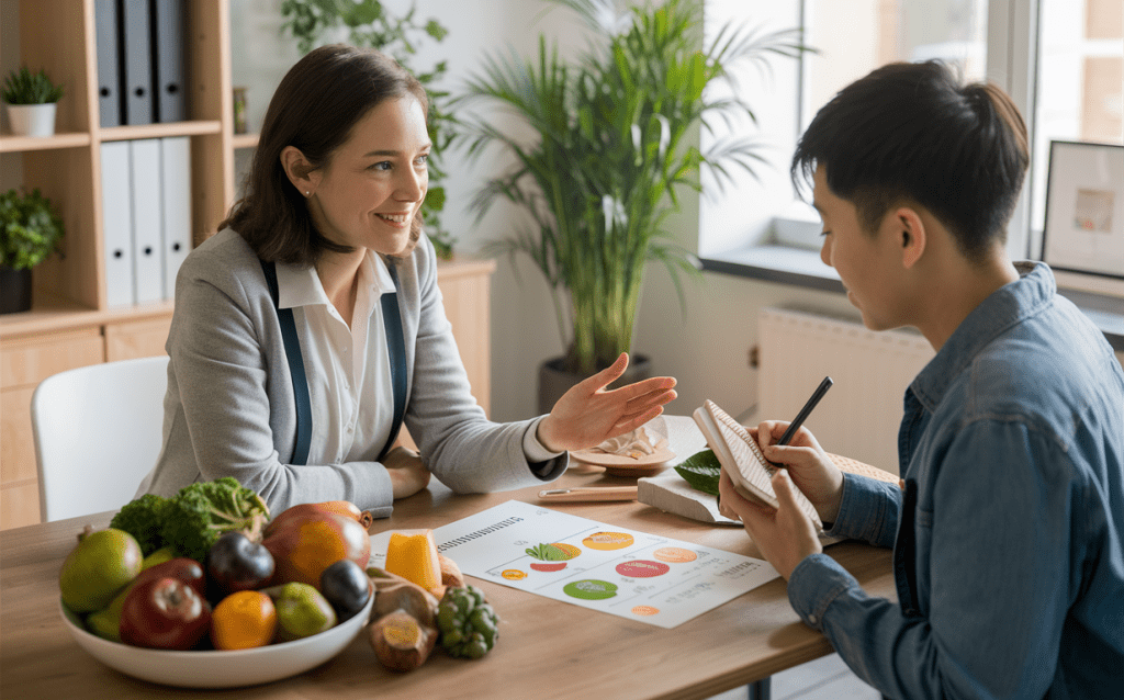 A nutritionist counseling a client about a balanced diet plan for healthy weight management, discussing a nutrition guide with fruits and vegetables on the table.