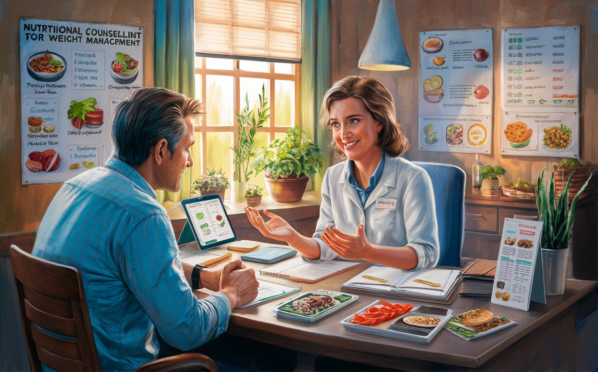 Nutritionist Providing Dietary Guidance for Healthy Weight Management A nutritionist counseling an overweight individual on a balanced diet using informative visuals to promote healthier eating habits and weight loss