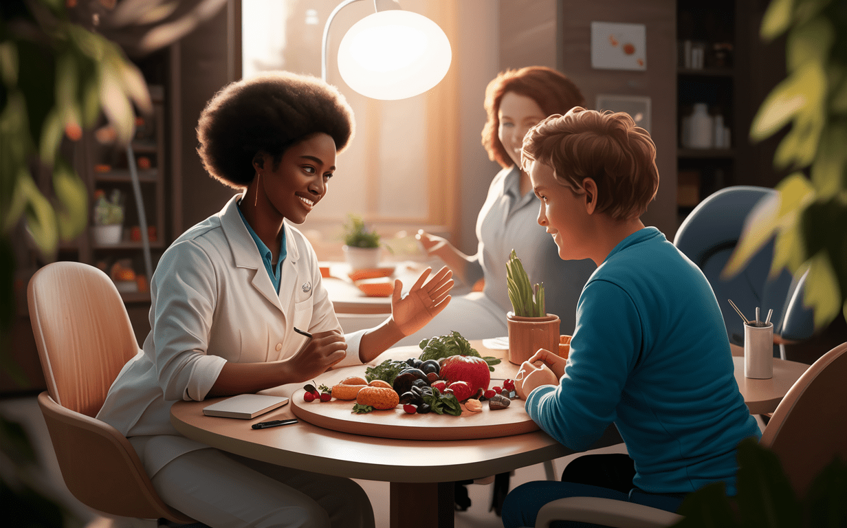 Nutritional Counseling Session for Weight Management A nutritionist providing counseling to a client on effective dietary strategies for weight management, with healthy food options on the table.