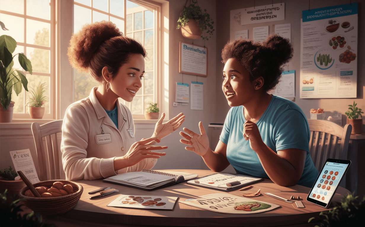 Nutritional Counseling Session for Weight Management An image depicting a nutritional counseling session where a healthcare professional is providing guidance to a client on effective weight management strategies through a balanced diet, using visual aids like food charts and sample meals.
