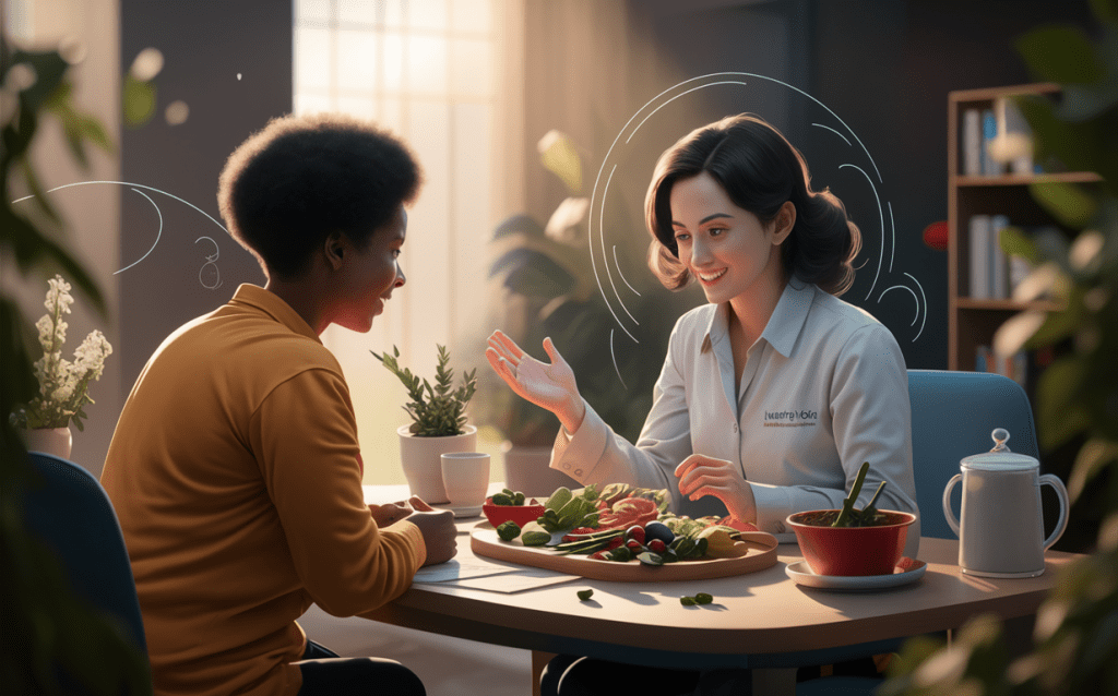 A nutritionist in a white coat meets with a client discussing healthy food choices and weight management strategies. The table before them is filled with various fruits, vegetables, and nutritious ingredients to promote a balanced diet.