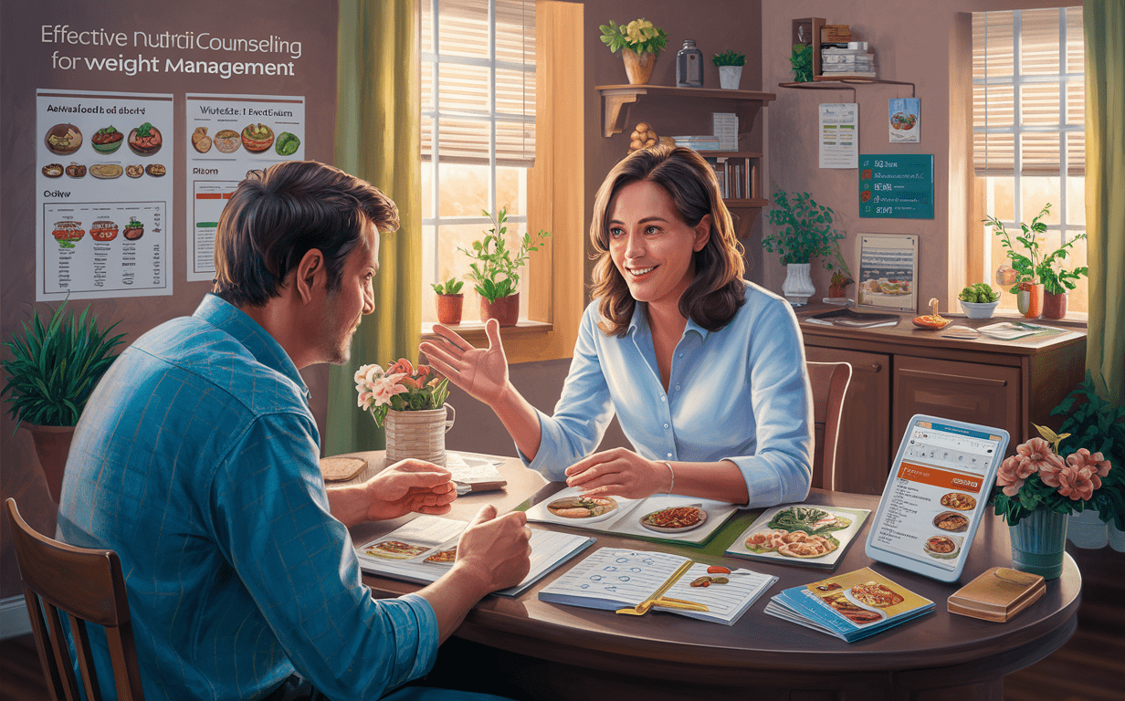 Nutritionist Providing Weight Management Counseling An image depicting a nutritionist counseling a client on effective weight management strategies. The scene shows a cozy office setting with nutritional charts, food models, and a laptop displaying meal options on the table between them.