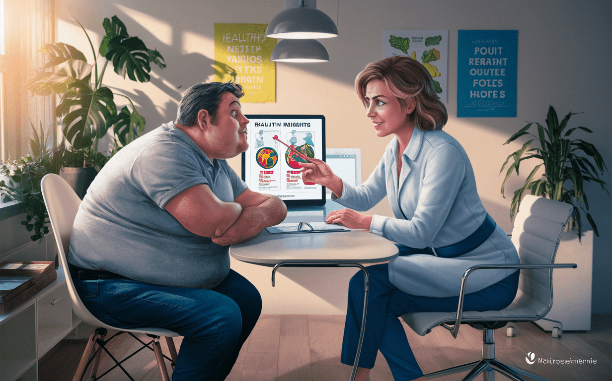 A nutritionist counselor sitting at a desk with a client, discussing healthy meal options and nutrition plans while surrounded by visual aids displaying various food items and portion sizes. Nutritional counseling for weight management