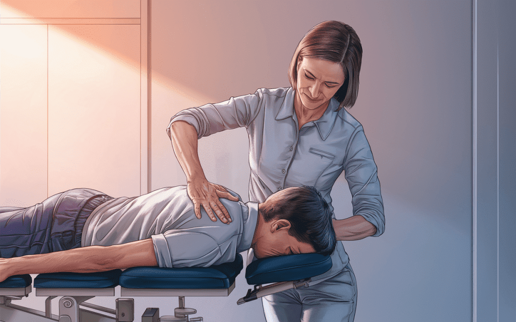 A chiropractor adjusting the neck of a patient lying on a treatment table, providing care for a whiplash injury