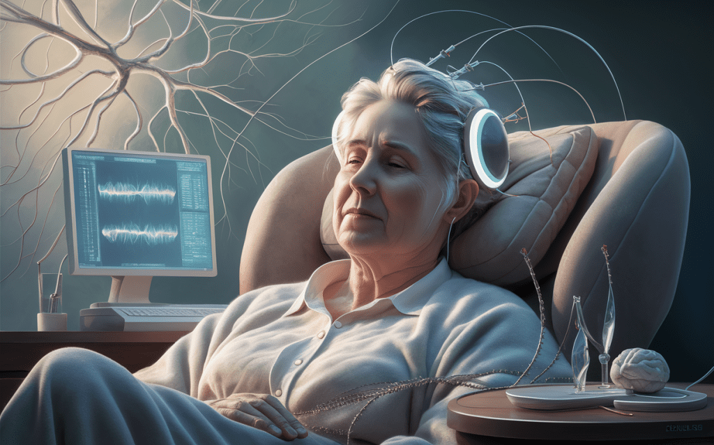 An elderly woman receiving neurofeedback therapy, with electrodes attached to her head and a computer displaying brainwave data, to help manage chronic pain through monitoring and training her brain activity. Neurofeedback for traumatic brain injuries