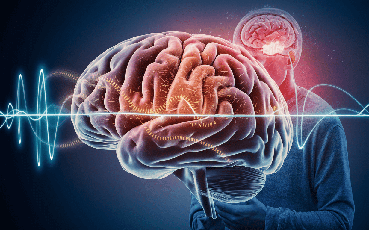 An illustrated image depicting a human brain with highlighted areas and brain wave patterns, representing neurofeedback treatment for traumatic brain injuries