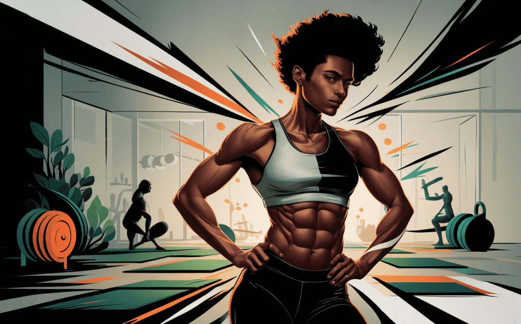 An illustration of a muscular woman with an intense expression, standing in a gym setting surrounded by exercise equipment and abstract design elements, representing the power and determination required for personal fitness transformation.