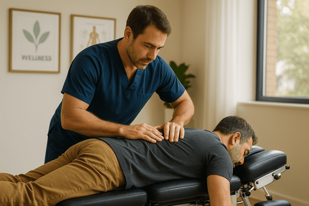 Chiropractor performing a spinal adjustment on a patient at a Winder, GA clinic.