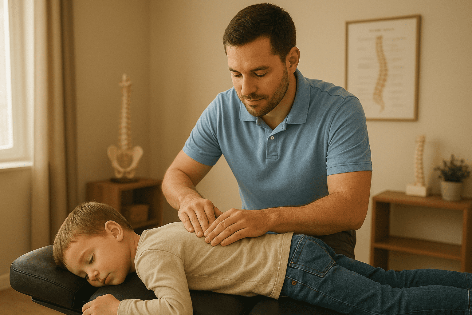 Pediatric chiropractor providing a gentle spinal adjustment for a child at Infinity Wellness Center in Bethlehem, GA.