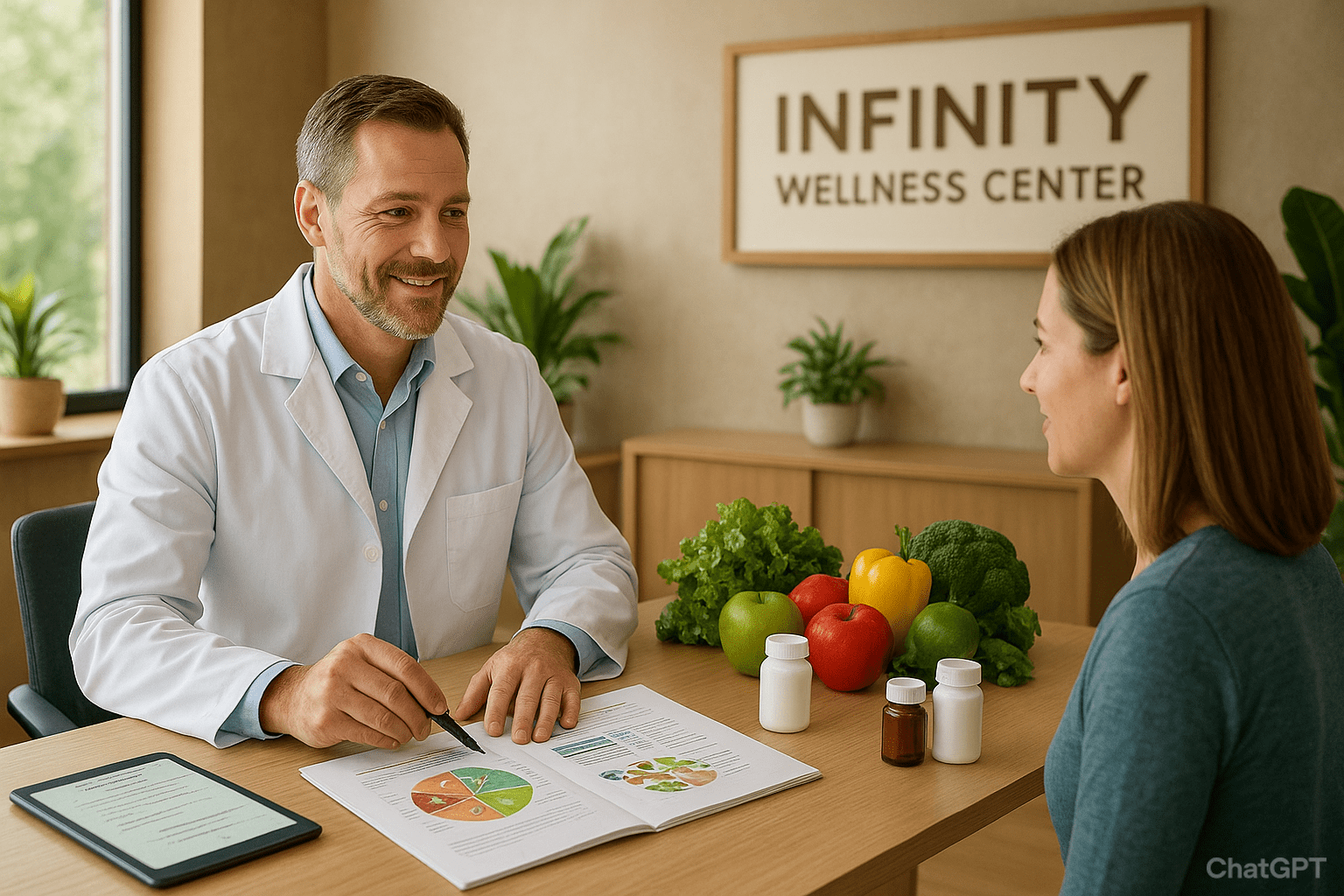 Chiropractor in Bethlehem, GA providing nutrition and wellness counseling with fresh fruits, vegetables, and supplements at Infinity Wellness Center.
