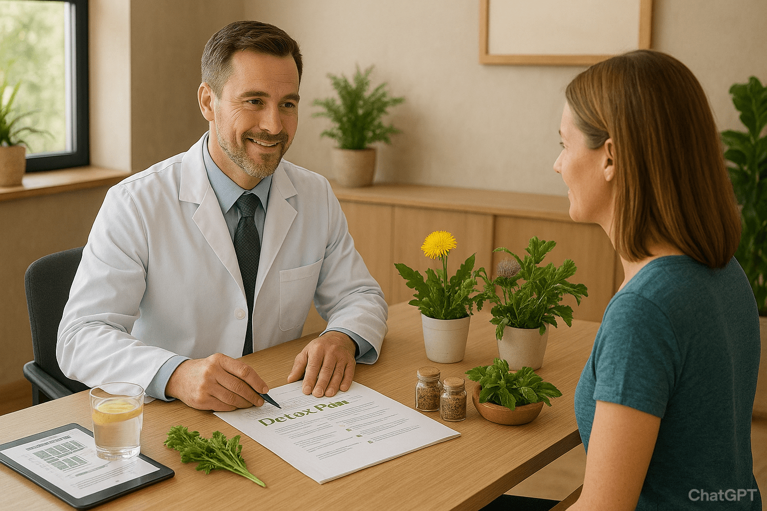 Holistic chiropractor in Bethlehem, GA consulting with a patient about natural herbal detox at Infinity Wellness Center.