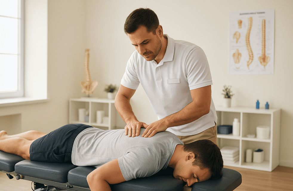 Male chiropractor performing spinal manipulation on a male patient inside Infinity Wellness Center in Winder, GA.