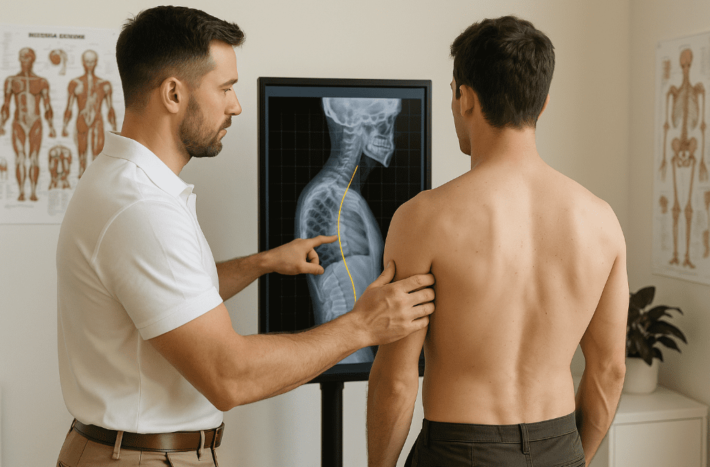 Male chiropractor analyzing scoliosis X-rays and posture of a male patient at Infinity Wellness Center in Winder, GA.