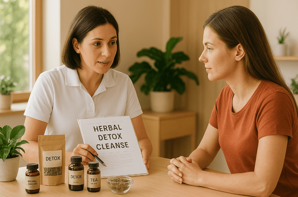 Chiropractor consulting a patient about an herbal detox cleanse in a modern Winder wellness clinic.