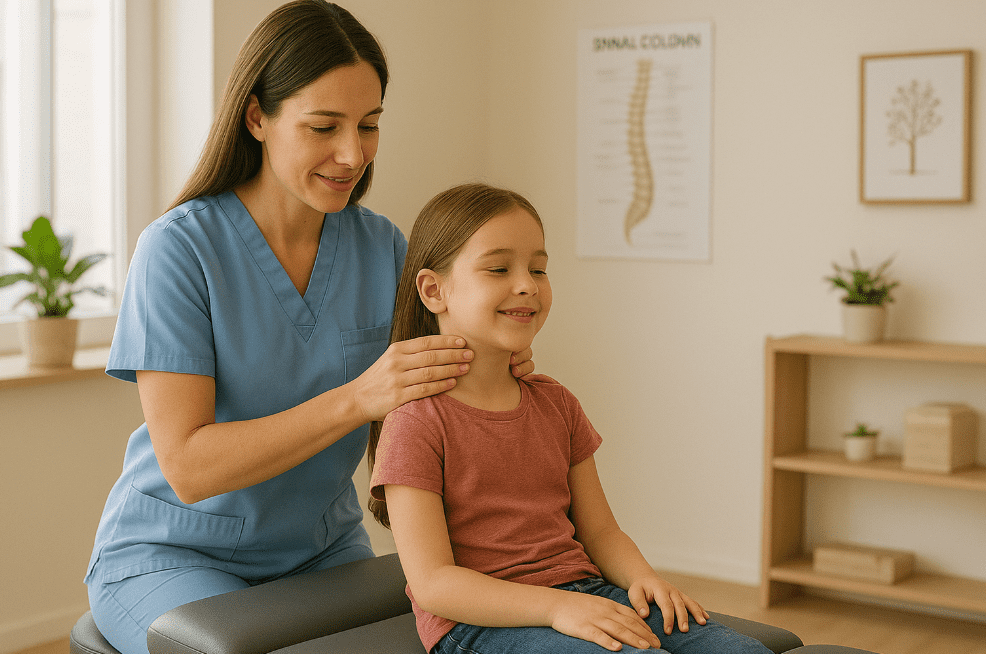 Female chiropractor performing gentle neck adjustment on a young girl in a Winder clinic.