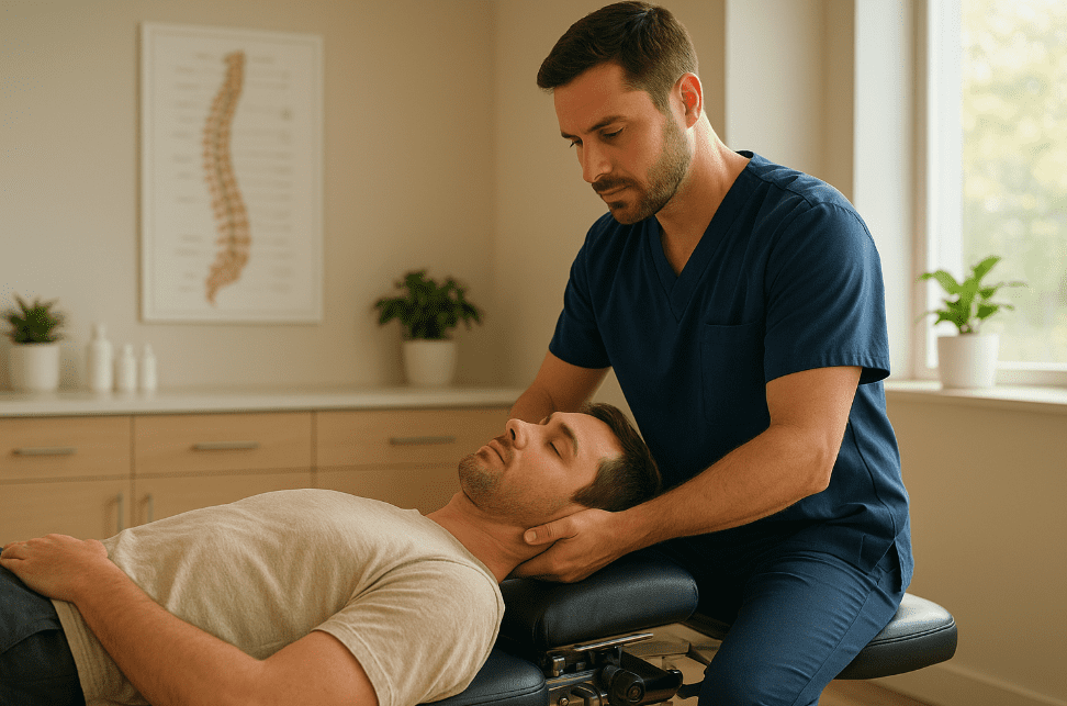 Chiropractor performing holistic spinal adjustment on a male patient in Winder clinic.